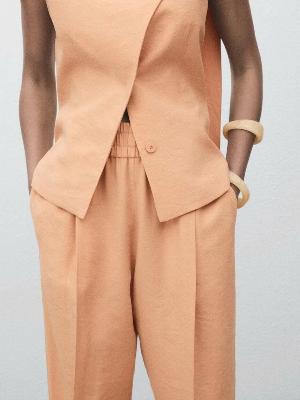 MANGO Set ! Peachy Nude Pants Set Sleeveless Tailored Wide-Leg Top Lyocell S/M - Picture 6 of 11